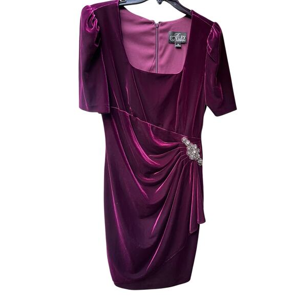 Alex Evenings Velvet Embellished Puff Sleeve Ruched Cocktail Dress | Sz 10 Wine - Picture 4 of 9